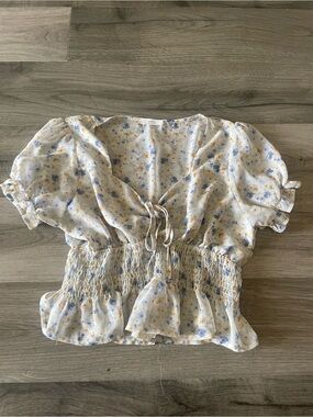 Active USA White Blouse with Blue & Yellow Floral Print